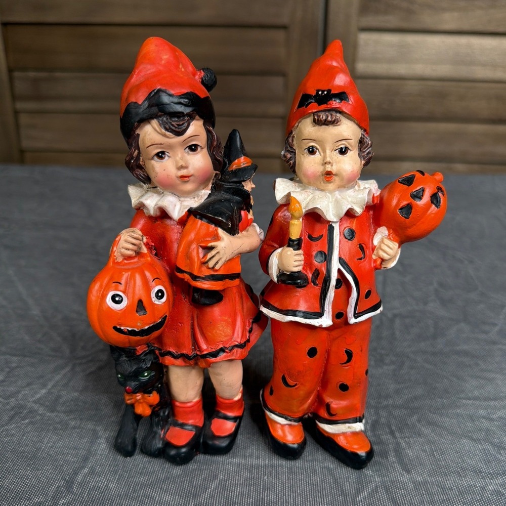 Vintage Style Halloween Boy and Girl Figurines Red Black Orange Pumpkin Decor